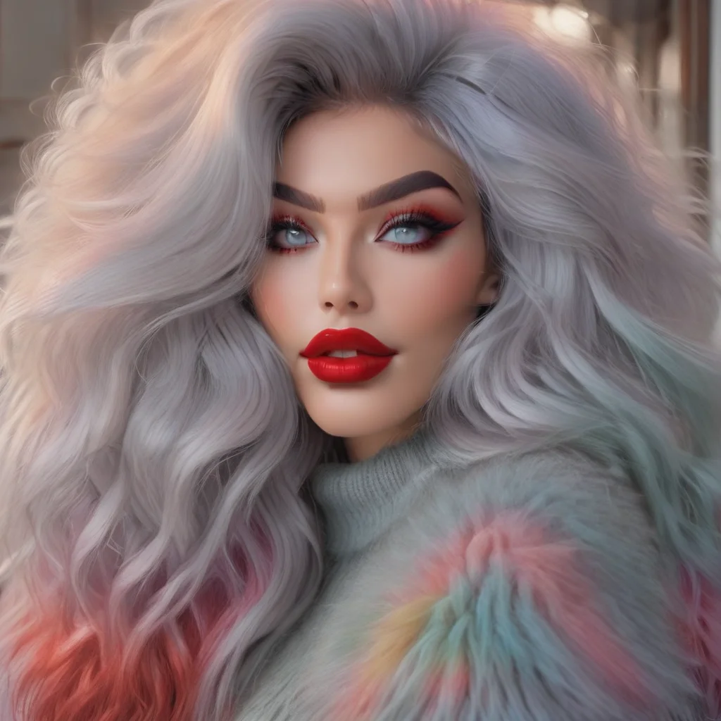 solo, grey hair, red lips, makeup, multicolored hair, white hair, blue eyes, upper body, mohair sweater, lips, lipstick, breasts, eyeliner