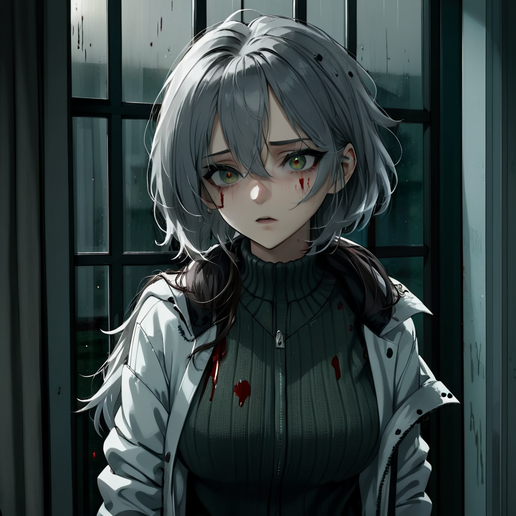 LowKeyLights,
1girl,solo,hair between eyes,jacket,grey hair,indoors,grey eyes,no humans,window,blood,night,white jacket,ribbed sweater,blood splatter
, <lora:low_key_lights_XL:0.8>
