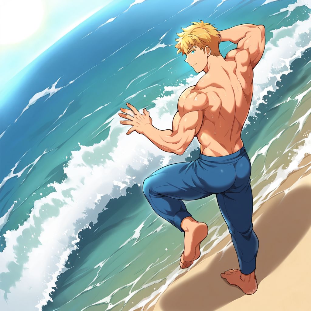 1boy,, solo, muscle body,  blonde hair, blue eyes, shirttless, blue pants, surfing, beach