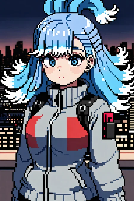 1girl, masterpiece, Kobo Kanaeru, city background, upperbody <lora:AziibPixelArtXL_Anime:0.8>