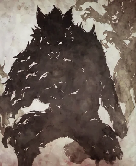 niohstorytell, silhouette of a werewolf <lora:niohstorytelling-step00000400:1>