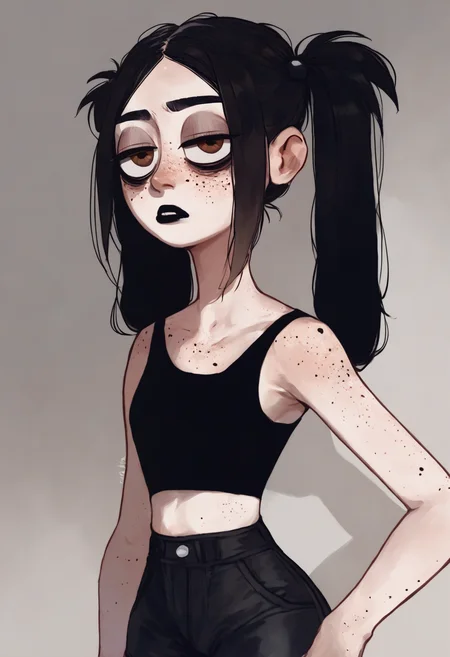 score_9_up, source_ anime,  1girl, freckles,tired, brown eyes, eye bags, dark circles under eyes, half closed eyes,black lipstick,black hair, twintails, long hair, black crop top, black shorts,