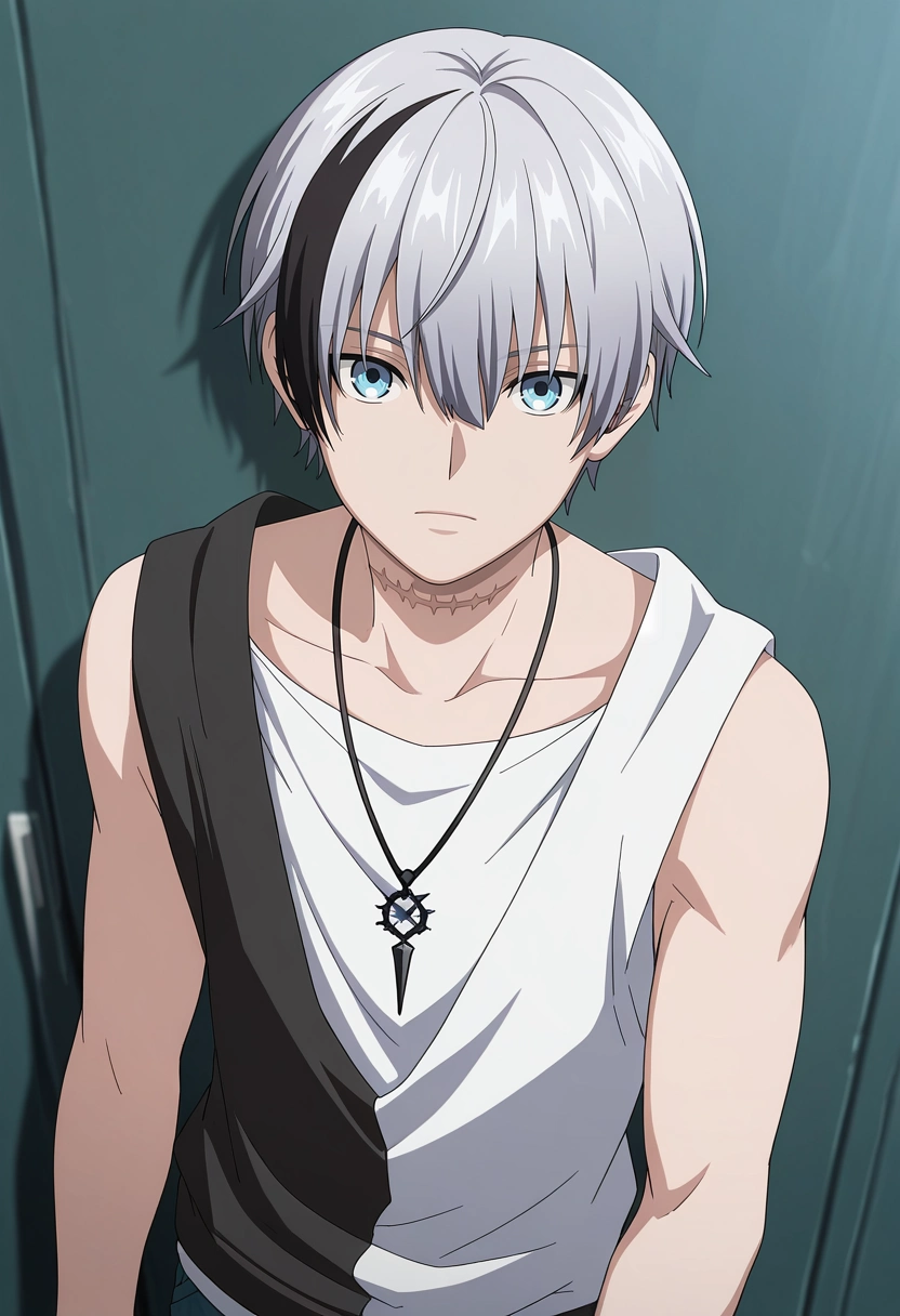 masterpiece, best quality, , , looking at viewer, 1boy, solo, male focus, <lora:polka_shinoyama_ilxl:0.9>, polka_shinoyama, grey hair, blue eyes, two-tone hair, multicolored hair, black hair, short hair, hair between eyes, streaked hair, bangs, scar, white shirt, sleeveless, necklace, ,