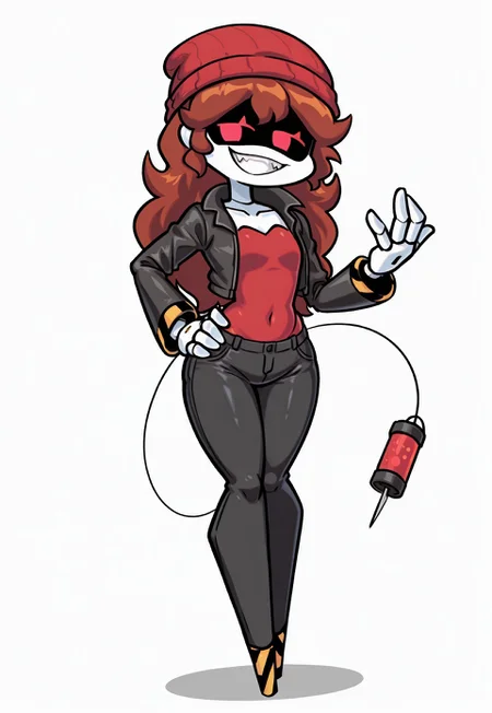 safe_pos, score_9, score_8_up, score_7_up, score_6_up, high quality, absurdres, masterpiece, 4K,
BREAK,
GirlfriendFNF, SD-V, robot girl, humanoid robot, robot joints, 1girl, solo, full body, white skin, four fingers, 4 fingers, yellow details, (earless:1.3), long thick auburn hair, Two short locks of hair, round head, (red eyes:1.3), glowing eyes, virtual led eyes, smile, teeth, fangs, sexy expression, tail, tail syringe, no feet, flat chest, red headwear, red beanie, collarbone, red shirt, black jacket, long sleeves, open jacket, black pants, denim, jeans, (looking at viewer, one hand on hip)