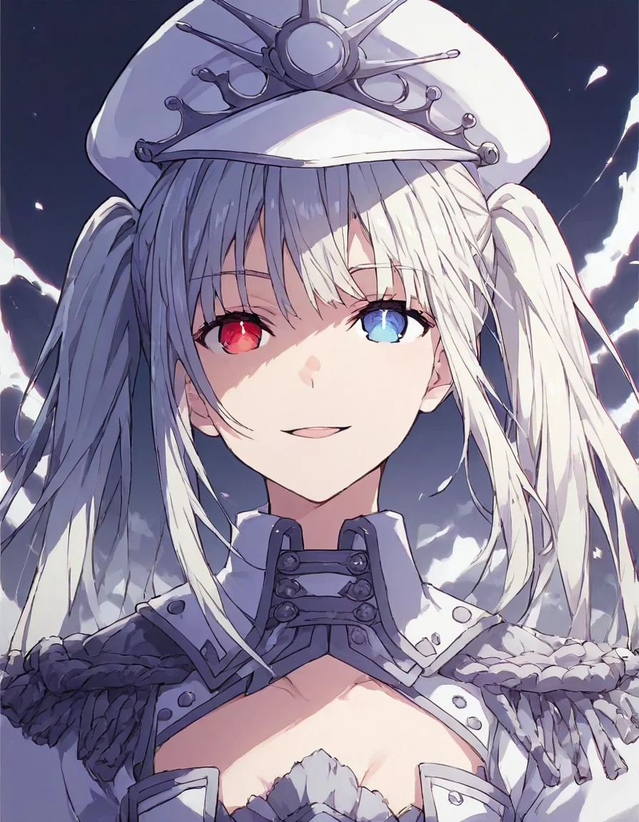 WhiteQueen, 1girl, solo, long hair, looking at viewer, smile, blue eyes, red eyes, hat, twintails, upper body, white hair, grey hair, parted lips, heterochromia, white headwear, peaked cap, epaulettes, military hat, lightning, effects,