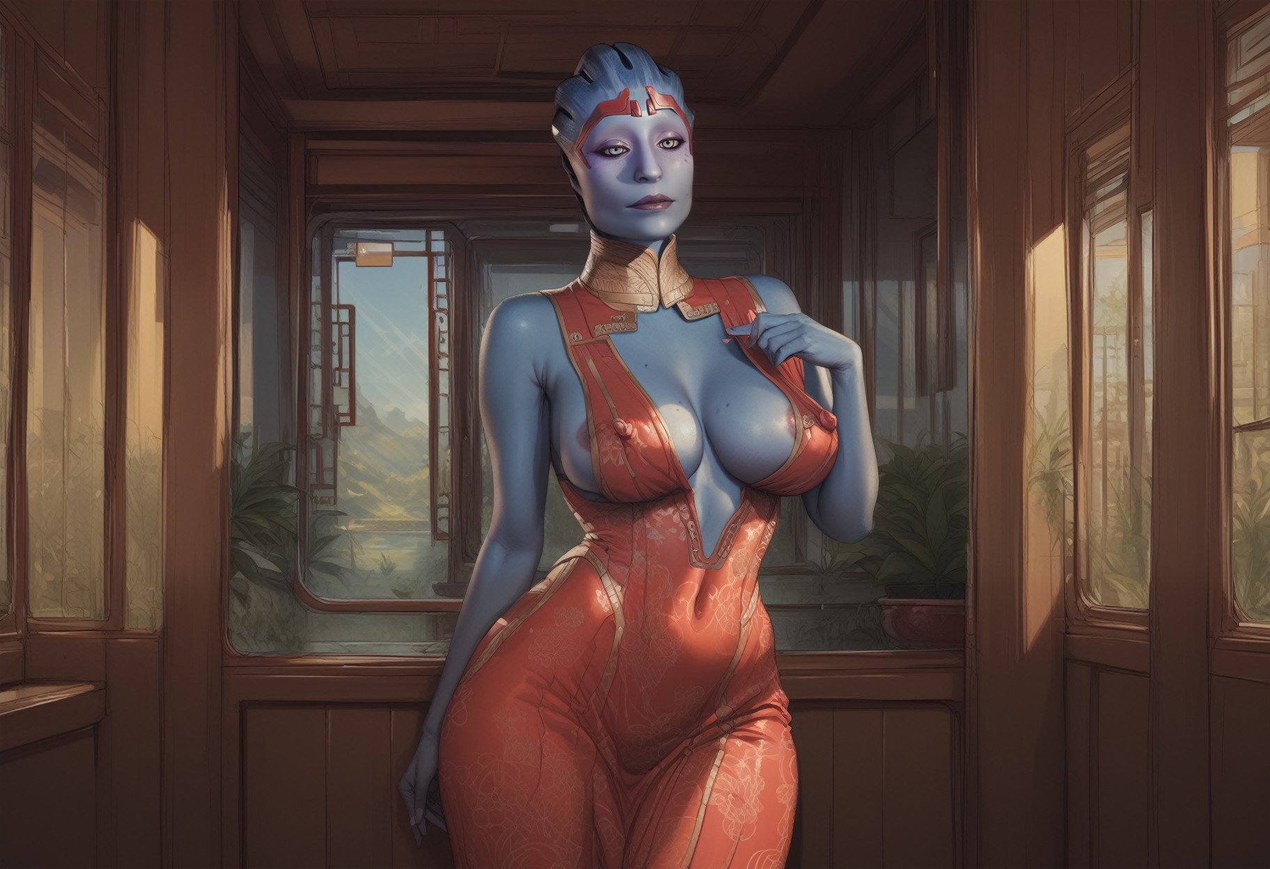 score_9, score_8_up, score_7_up, score_6_up, solo, areola slip, Mature Woman, asari, samara1, red qipao, red tiara, blue skin, sagging breasts, wide hips, erect nipples under clothes, OverallDetailXL, ((tradchn), detailed interior, indoors, scenery), detailed background, <lora:tradchn:1> <lora:SamaraPDXL:0.8> <lora:PulenKompot-Nakamura Regura Style-PonyXL:0.8>