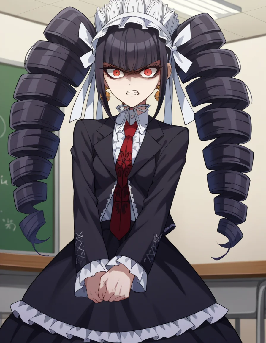 score_9, score_8_up, score_7_up, source_anime,
celestialudenberg, <lora:celestia-ludenberg-ponyxl-lora-nochekaiser:1>,
celestia ludenberg, long hair, bangs, black hair, red eyes, long sleeves, twintails, drill hair, twin drills, angry, anger vein,
skirt, shirt, black hair, long sleeves, jewelry, jacket, earrings, frills, necktie, black skirt, black jacket, red necktie, bonnet, print necktie,
indoors, classroom,
looking at viewer, cowboy shot, dutch angle,