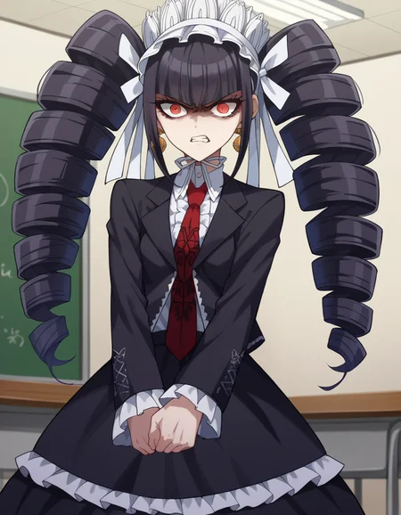 score_9, score_8_up, score_7_up, source_anime,
celestialudenberg, <lora:celestia-ludenberg-ponyxl-lora-nochekaiser:1>,
celestia ludenberg, long hair, bangs, black hair, red eyes, long sleeves, twintails, drill hair, twin drills, angry, anger vein,
skirt, shirt, black hair, long sleeves, jewelry, jacket, earrings, frills, necktie, black skirt, black jacket, red necktie, bonnet, print necktie,
indoors, classroom,
looking at viewer, cowboy shot, dutch angle,