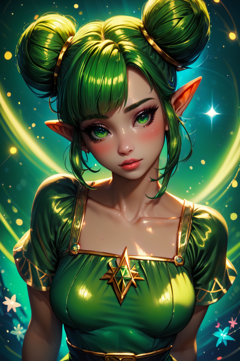 score_9, score_8_up, score_8, medium breasts, (curvy), cute, eyelashes,       BREAK, , zzFarore, green eyes, green hair, double bun, pointy ears,  bangs, green dress, collarbone, short sleeves  <lora:Farore_Zelda_PDXL:0.5>, , BREAK,  (ultra realistic,32k, masterpiece:1.2),(high detailed skin:1.1),( high quality:1.1), curvy, head tilt, hearts, blush, lips, curvy, head tilt, shiny clothes, (upper body), looking at viewer, bokeh, luminescent background,  embedding:zPDXL, Expressiveh,  <lora:RlAnmPDXL:1.0>,