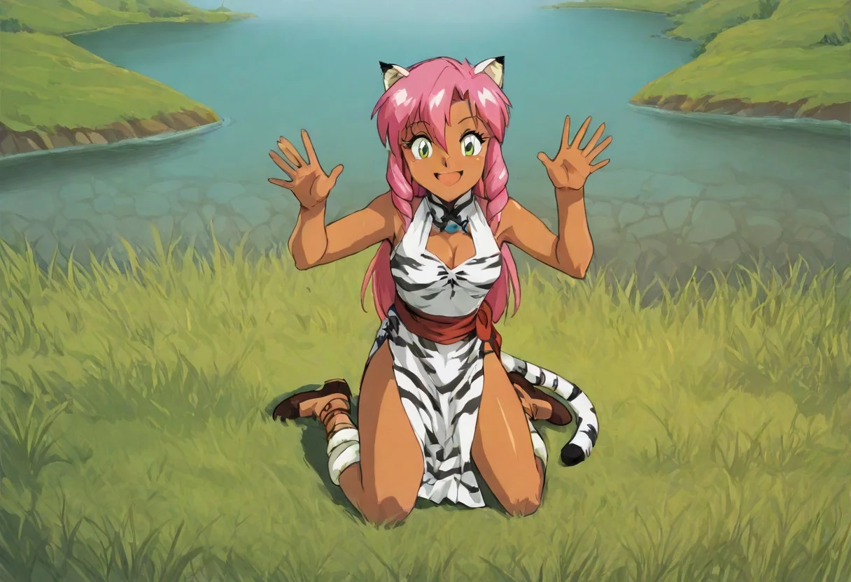 Pink_DragonPink, 1girl, sleeveless dress, white tiger print dress, pelvic curtain, cleavage, white tiger tail, red sash, small breasts, leather shoes, masterpiece, very aesthetic, smiling wide, <lora:pink-illustrious:1>, super_strength, holding a big fish, hands up,
Break
Hyrule field, sunny day, in a lake,