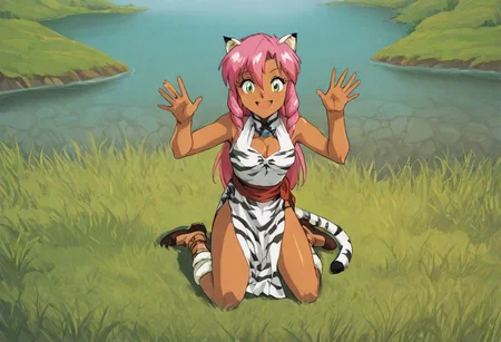 Pink_DragonPink, 1girl, sleeveless dress, white tiger print dress, pelvic curtain, cleavage, white tiger tail, red sash, small breasts, leather shoes, masterpiece, very aesthetic, smiling wide, <lora:pink-illustrious:1>, super_strength, holding a big fish, hands up,
Break
Hyrule field, sunny day, in a lake,