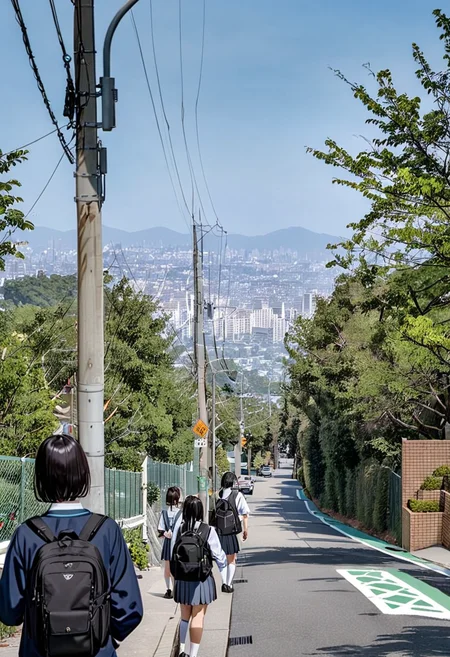 masterpiece, best quality, very aesthetic, absurdres,
haruhizaka, kitakoumae, scenery, outdoors, multiple girls, scenery, tree, real world location, multiple boys, building, day, sky, fence, power lines, city, road, bag, school uniform, cityscape, photo background, blue sky, skirt, backpack, sign, black hair, utility pole, short hair, street, 3boys,
<lora:kitakoumae_SDXL_V3:1>