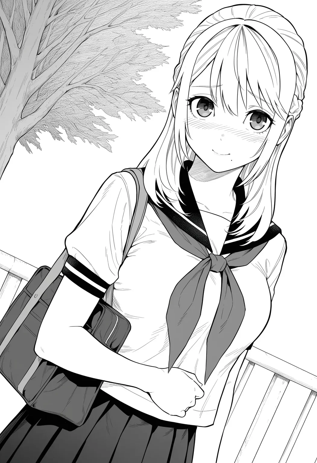 monochrome, greyscale, ShirKaname, standing, upper body, dutch angle, clenched hand, hand on stomach,
white background, simple background, looking at viewer, railing, tree,
1girl, solo, medium breasts, holding school bag,
long hair, bangs, half updo, french braid, hair between eyes, sidelocks, eyes, (mole:0.3) under mouth, blush, embarrassed, smile, 
school uniform, serafuku, sailor collar, neckerchief, shirt, short sleeves, pleated skirt,
best quality,amazing quality,very aesthetic,absurdres
<lora:ShirKaname:1>