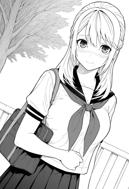 monochrome, greyscale, ShirKaname, standing, upper body, dutch angle, clenched hand, hand on stomach,
white background, simple background, looking at viewer, railing, tree,
1girl, solo, medium breasts, holding school bag,
long hair, bangs, half updo, french braid, hair between eyes, sidelocks, eyes, (mole:0.3) under mouth, blush, embarrassed, smile, 
school uniform, serafuku, sailor collar, neckerchief, shirt, short sleeves, pleated skirt,
best quality,amazing quality,very aesthetic,absurdres
<lora:ShirKaname:1>