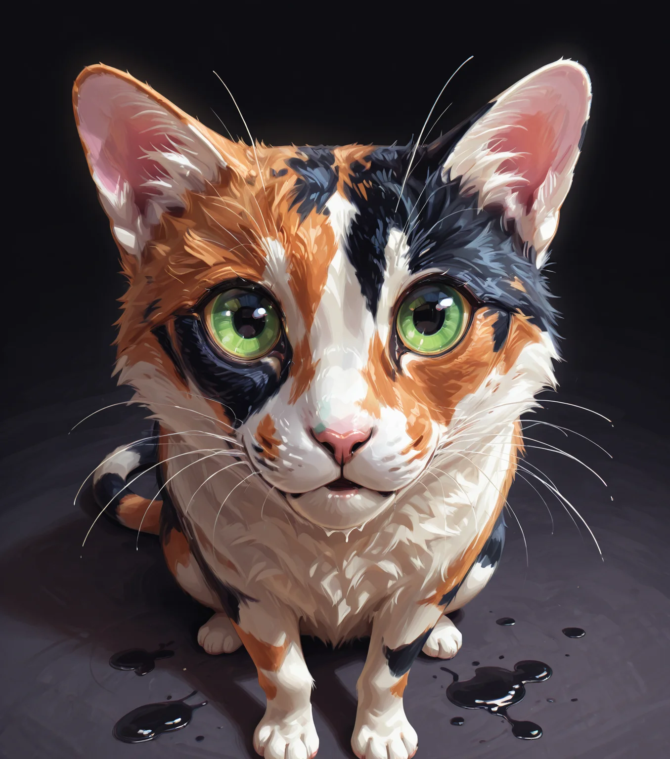 masterpiece, best quality, amazing quality, chubby calico cat, meow, uwu, looking at viewer, no humans, <lora:Abstract_fluid_Buns:0.65>, fluid, (abstract:0.8),, masterpiece, best quality, amazing quality
