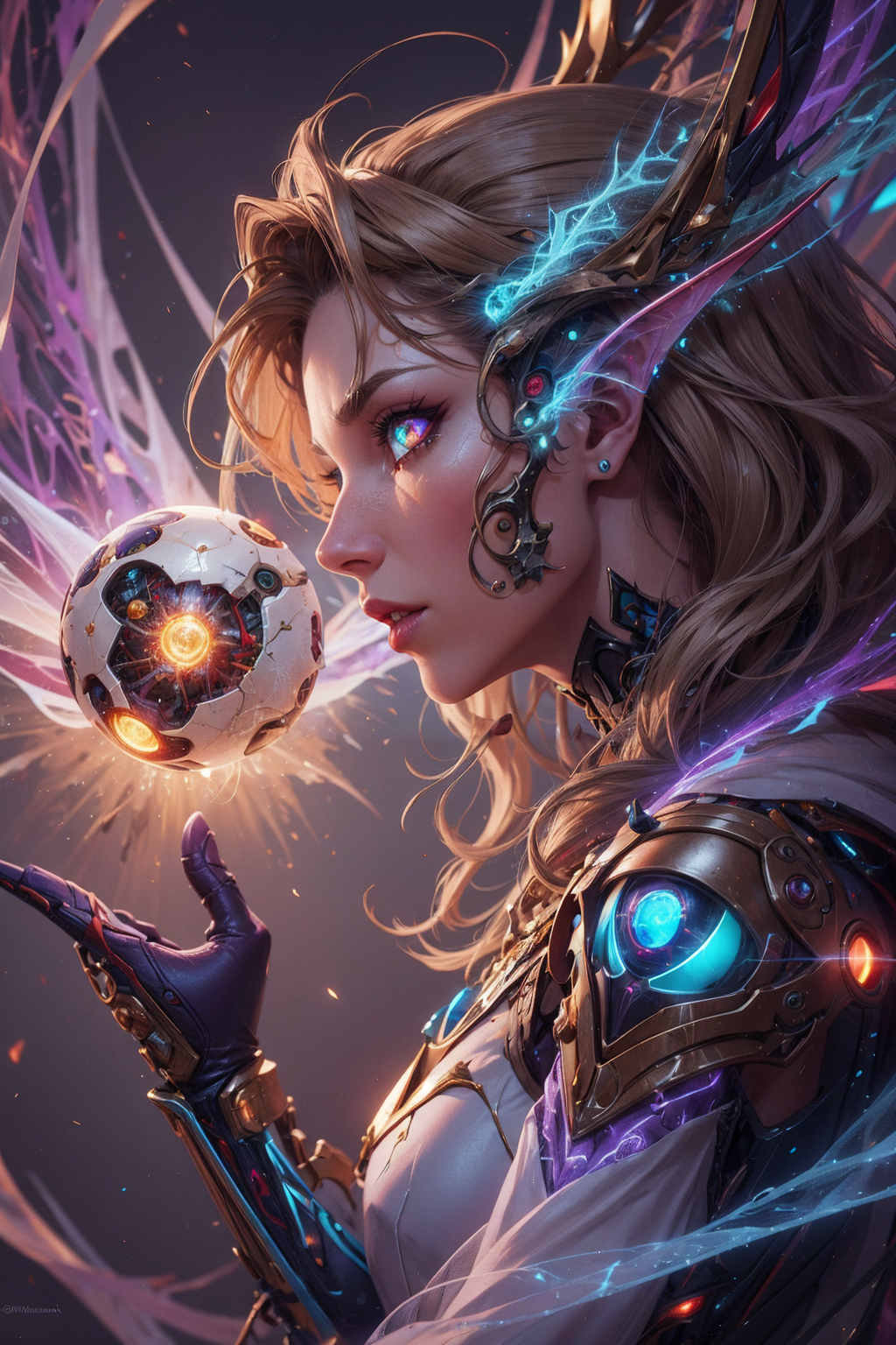 <lora:detail_slider_v4:0.5>, <lora:Ink_poster:0.2>, <lora:colorify:0.3>, <lora:FilmVelvia3:0.2>, <lora:FujiVelvia50:0.2>, <lora:fractalized:0.1> fractalized, (ambient lighting:1.2), (volumetric lighting:1.2), (fine details:1.1), photorealistic, depth of field,
1 girl, adult ukrainian woman,  grey eyes, medium brown wavy hair,  
focus on character, solo, (style-swirlmagic:0.8), solo, from side, side view, half shot,  detailed face,<lora:WebbedTech:0.4>,   webbedtech themesolar enchanter,(glowing eyes:1.1),(undaunted bravery,:1.05),perched on a ledge,mantle,harnessing ethereal strands of energy,mind-merge devices enhancing cognitive abilities,(simple purple background:1.0),