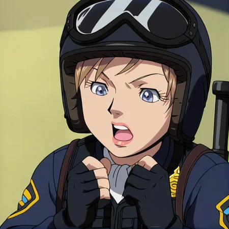 score_9, score_8_up, score_7_up, score_6_up, score_5_up, score_4_up, BREAK, <lora:Topazsonicx:1>, topazsonicx, 1girl, solo, open mouth, gloves, black gloves, fingerless gloves, uniform, military, military uniform, looking down, helmet, goggles, police, police uniform, brown hair, short hair, blue eyes, lipstick
