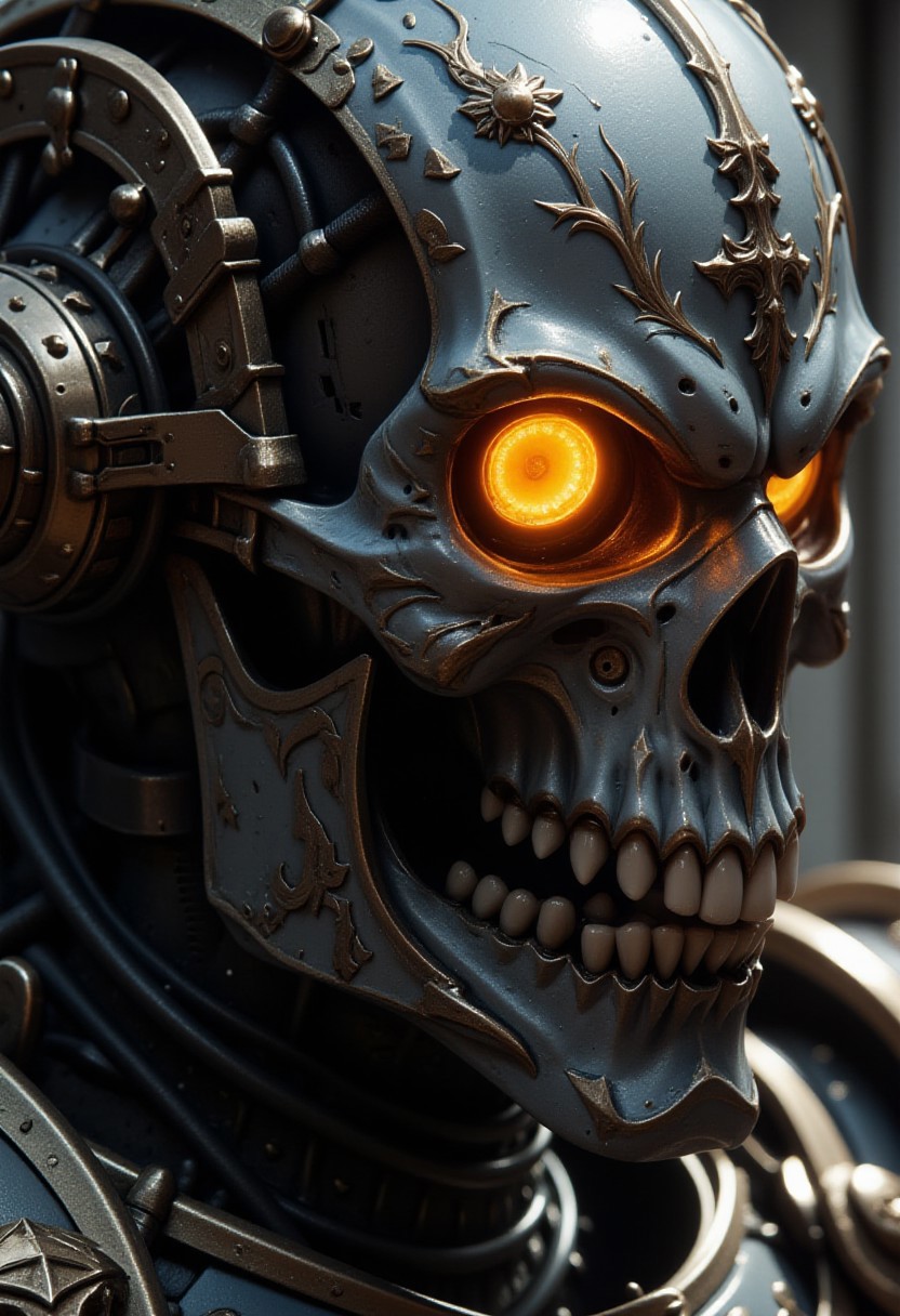 hkstyle, G0thicL1nes, holy armor, photorealistic extreme closeup image of the face of a cyborg robotic warrior, featuring a skull-like mask, glowing robotic eyes, and robotic cables and joints, side-lit