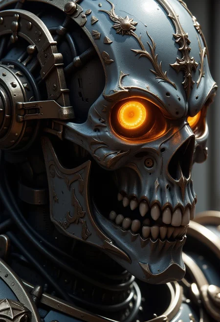 hkstyle, G0thicL1nes, holy armor, photorealistic extreme closeup image of the face of a cyborg robotic warrior, featuring a skull-like mask, glowing robotic eyes, and robotic cables and joints, side-lit