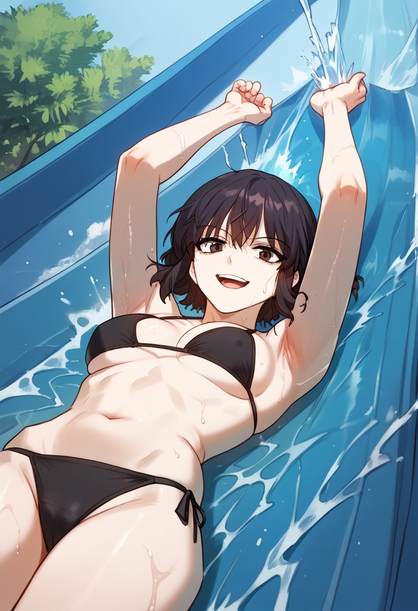 zPDXL3, score_9_up, score_8_up, score_7_up, (Anime_source), MarthaZieghardt, brown eyes, black hair, short hair, water slide, on back, splashing, water, wet, black bikini, from side, happy noises, arms up