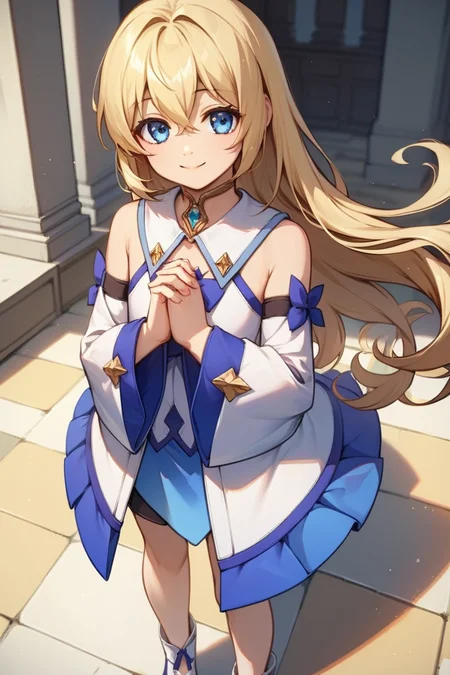 score_9, score_8_up, score_7_up, very aesthetic, source_anime, detailed, high quality, beautiful, masterpiece, detailed eyes,
<lora:lightXL:0.8>
indoor, blurry background,
cowboy shot, looking at viewer, dynamic angle,
hands together, praying, closed eyes, light smile
<lora:coletteA_autismConfetti_v03:1>
colette brunel, blonde hair, blue eyes, long hair, hair between eyes, short dress, bare shoulders, detached sleeves, ribbon, white footwear, (wide sleeves:0.5), footwear ribbon, zPDXL