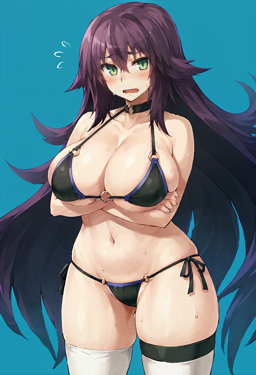 score_9, score_7_up,  1girl, 
solo, huge breasts, wide hips, thick thighs, black bikini, breasts, wavy mouth, o-ring bottom, thighhighs, looking at viewer, very long hair, green eyes, navel, white thighhighs, side-tie bikini bottom, sweat, purple hair, o-ring bikini, bikini, o-ring, flying sweatdrops, swimsuit, curvy, cleavage, cowboy shot, blush, hair intakes, long hair, o-ring top, nervous, hand on own arm, embarrassed, plump, standing, blue background, o-ring choker, micro bikini, o-ring thigh strap, skindentation, thighs, thick eyelashes, crossed arms, choker, open mouth
 <lora:Konoe-Otsugu-Style-PonyXL-GLoRA-000046:1>