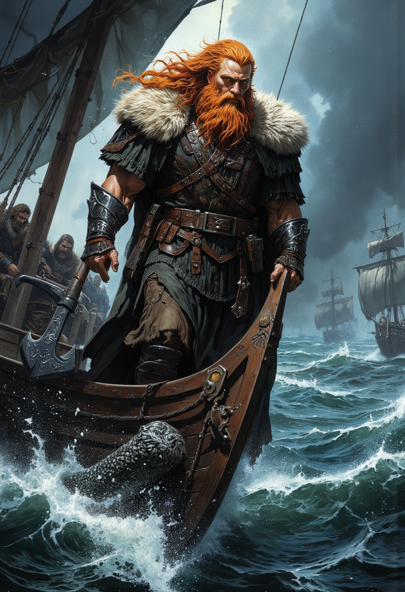 A fierce Viking warrior with fiery ginger hair stands proudly on the deck of a Drakkar as it cuts through stormy seas. His long, braided hair and beard whip in the wind, glowing like fire against the dark sky. Clad in fur-lined leather and iron armor, he grips a massive axe etched with silver runes. His intense green eyes watch the horizon, while the serpent-like prow of the Drakkar cuts through the waves. The wind howls, adding to the untamed power of this legendary Viking.