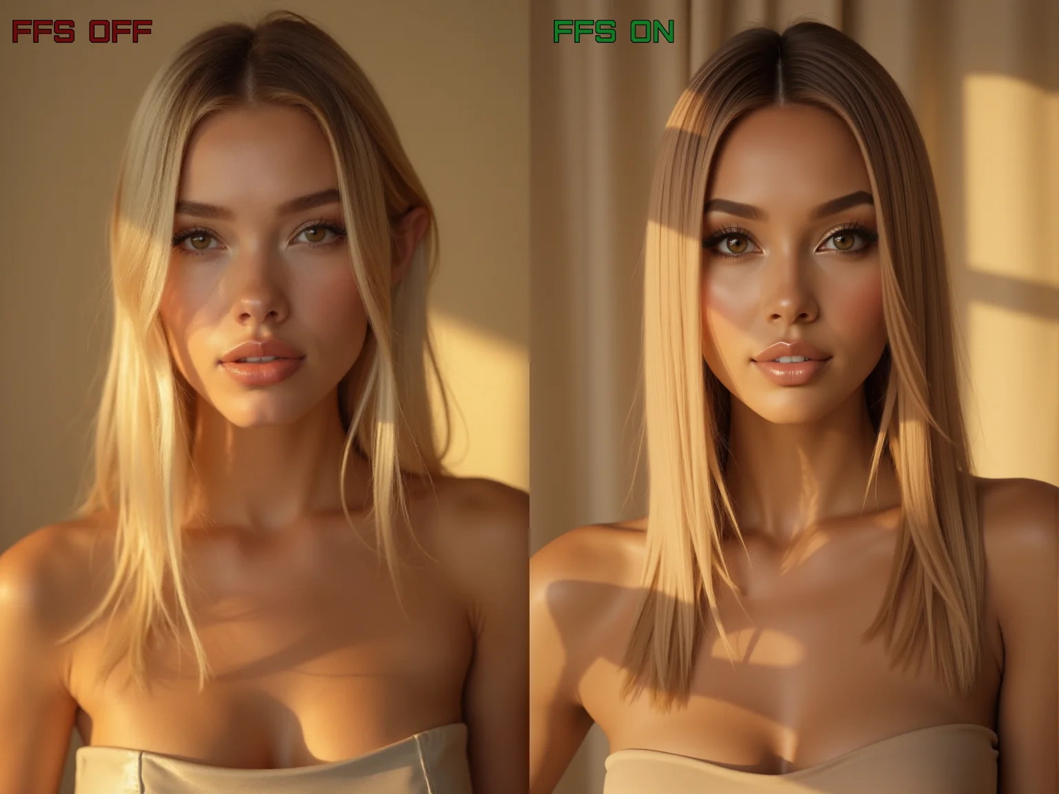 <lora:FFS_v.6:0.8>
A photorealistic glamour portrait of a woman with sleek, sunlit blonde hair parted at the center, her strands falling in soft, straightened lines that frame her symmetrical face. Her skin glows with a radiant bronze finish, meticulously highlighted along the cheekbones, collarbones, and cupid’s bow to accentuate natural structure and depth. Almond-shaped hazel eyes gleam under precision eyeliner and fluttery lashes, while her full lips shimmer with a glossed peach-nude hue, harmonizing with the satin beige backdrop and strapless top. The image is composed in a tight, symmetrical close-up with a high-fashion aesthetic, using a soft-focus lens and ambient golden lighting to deliver a creamy, flawless complexion and luxe mood. The tonal palette embraces warm monochromes and metallic highlights, merging editorial beauty photography with cinematic softness for a timeless, aspirational presentation.