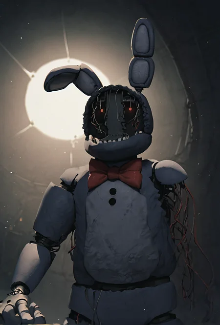 score_9, score_8_up, score_7_up , <lora:withbon-10:1> withbon, ((missing arm, amputated arm, wires ))no humans, bow, rabbit ears,, robot, Ultra realistic, high detail, highres, zPDXL3 , black walls, black background, dutch_angle, tilted angle, tilted view, angle <lora:BLACK:0.03>