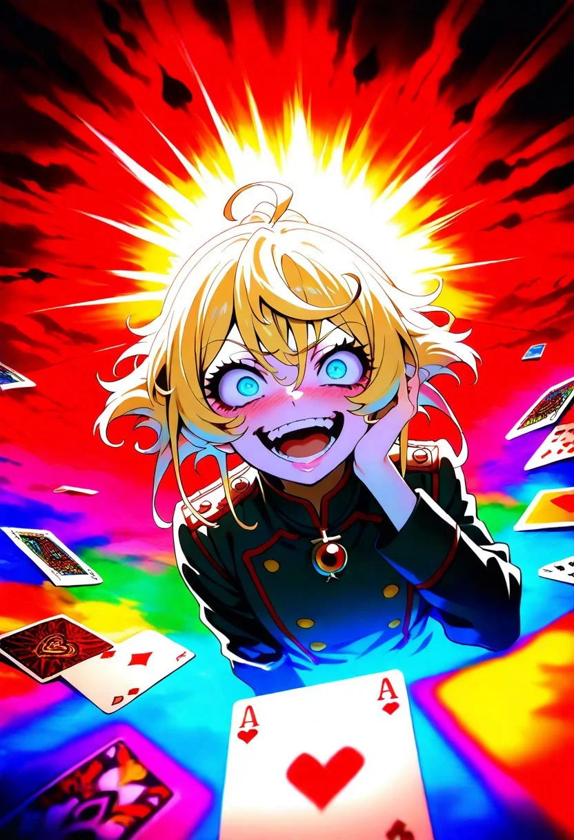 masterpiece, best quality, amazing quality, very aesthetic, absurdres, newest,, 1girl, TanyDegurechaff, teeth,anime screencap, open mouth, blush on the face, smile, crazy eyes, hand on own cheek, holds playing cards with his other hand, one card is visible, the JOKER card, focus on playing cards, upper body, military uniform, red background, backlighting, from above, dutch angle, , masterpiece, best quality, amazing quality, very aesthetic, absurdres, newest, soft light, explosion of colors, masterpiece, best quality, colorful, bright, multicolored, bright colors of paint, masterpiece, best quality, amazing quality, very aesthetic, absurdres, lots of multicolored rainbow light, focus on the face, lots of soft light, soft colors, holds playing cards with his other hand, one card is visible, the JOKER card