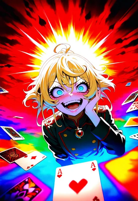 masterpiece, best quality, amazing quality, very aesthetic, absurdres, newest,, 1girl, TanyDegurechaff, teeth,anime screencap, open mouth, blush on the face, smile, crazy eyes, hand on own cheek, holds playing cards with his other hand, one card is visible, the JOKER card, focus on playing cards, upper body, military uniform, red background, backlighting, from above, dutch angle, , masterpiece, best quality, amazing quality, very aesthetic, absurdres, newest, soft light, explosion of colors, masterpiece, best quality, colorful, bright, multicolored, bright colors of paint, masterpiece, best quality, amazing quality, very aesthetic, absurdres, lots of multicolored rainbow light, focus on the face, lots of soft light, soft colors, holds playing cards with his other hand, one card is visible, the JOKER card
