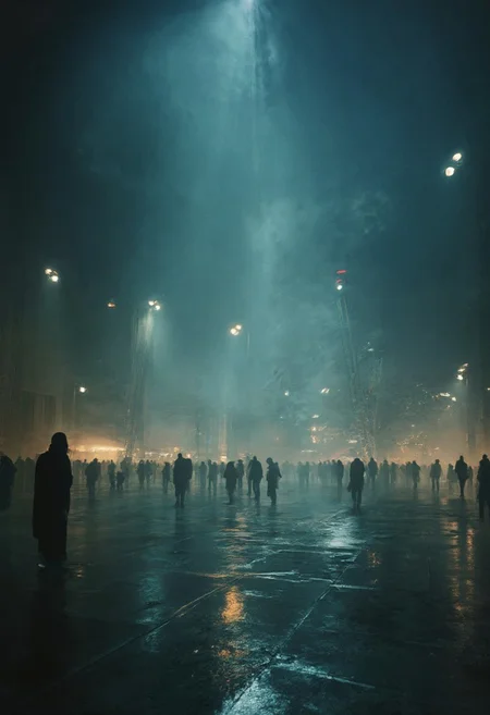 The city square was bathed in an eerie, pulsing glow, as towering LED lights cast an unforgiving glare. The harsh illumination stripped the space of its warmth and humanity, casting long, ominous shadows across the stark, modern architecture. People scurried through the square, their faces bathed in the cold light, their footsteps echoing off the buildings.
A lone figure, shrouded in shadows, stood at the square's edge, gazing out at the sea of faces with eyes that were a deep, haunting pool. The light seemed to recoil from them, as if it feared to illuminate the darkness within. As they stepped forward, the light enveloped them, casting an unforgiving glare that exposed every feature, every vulnerability.
The overall effect was one of bleakness and isolation, as if the light had drained the square of all warmth and connection. The air was heavy with the weight of exposure, and the shadows seemed to tremble with fear. The LED lights, once intended to bring safety and security, now cast a sinister glow, illuminating a scene that was both haunting and oppressive.