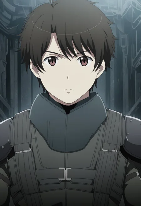 high resolution, solo, best quality, 1Boy, Inaho Kaizuka, Black Hair, Brown Eyes, dystopia, serious looking, armor, fantasy, OverallDetail