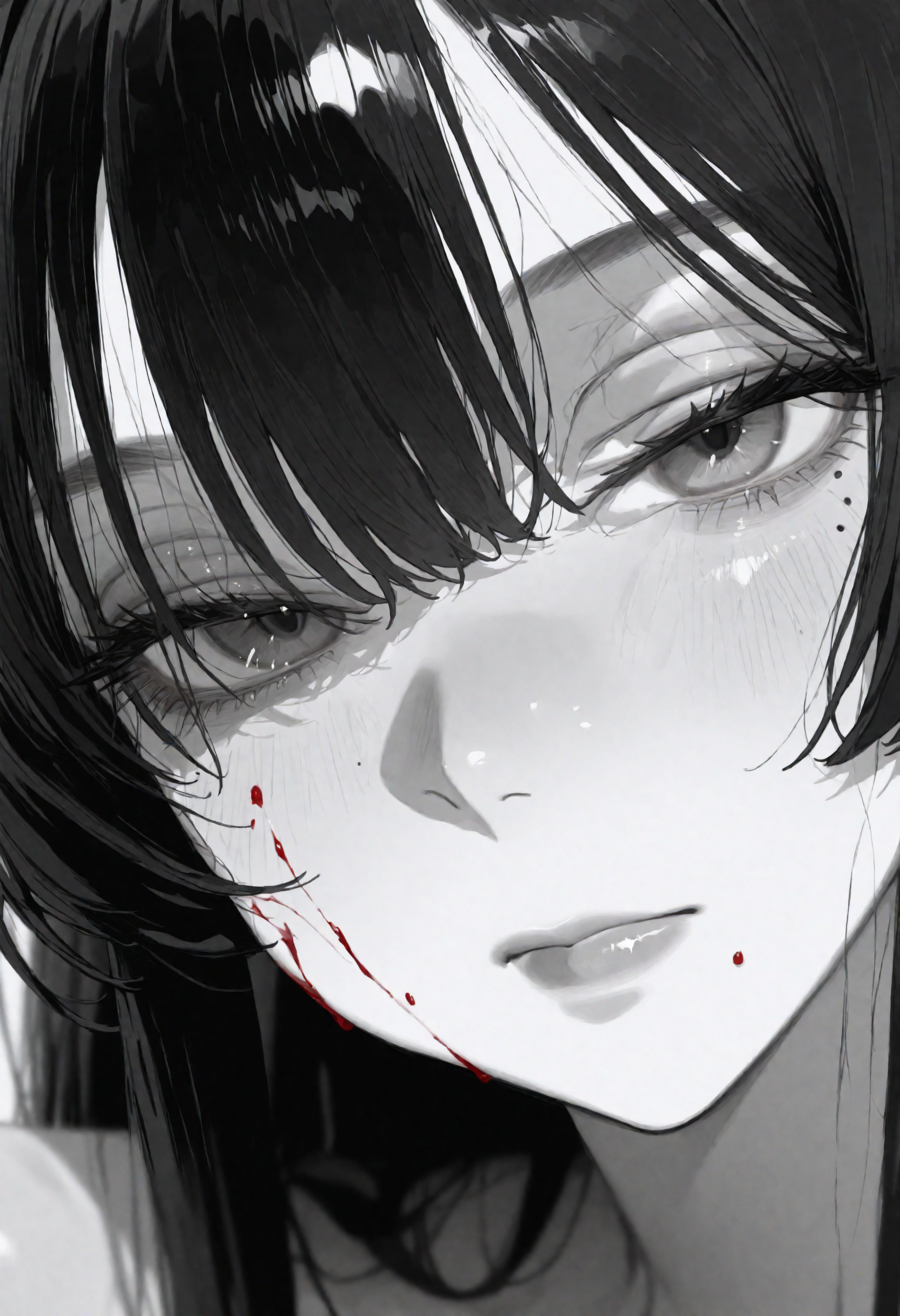masterpiece, best quality, newest, absurdres, highres, very awa, anime screencap, film grain, limited palette, ambient occlusion, depth of field, simple background, ZWF0, eye focus, painting \(medium\), 1girl, solo, monochrome, greyscale, white background, long hair, simple background, closed mouth, bug, butterfly, lips, mole, blood on face, expressionless, looking at viewer, upper body, realistic, mole under eye