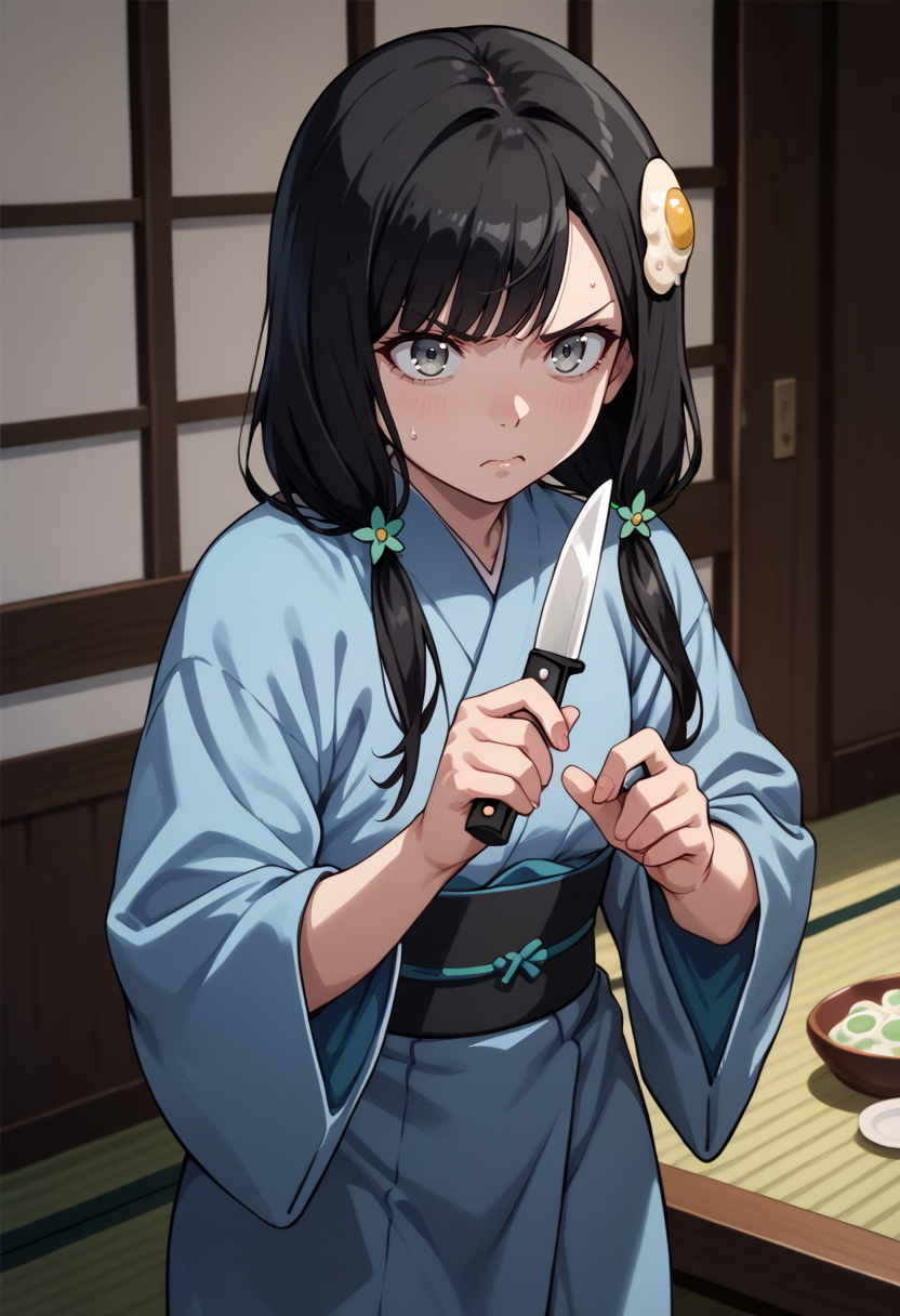 score_9, score_8_up,
1girl, <lora:TsukihiAraragi_OffSeason_PDXL:1>, offtsukihi, black hair, low twintails, grey eyes, egg hair ornament,
kimono,
(angry:0.5), holding knife,
indoors