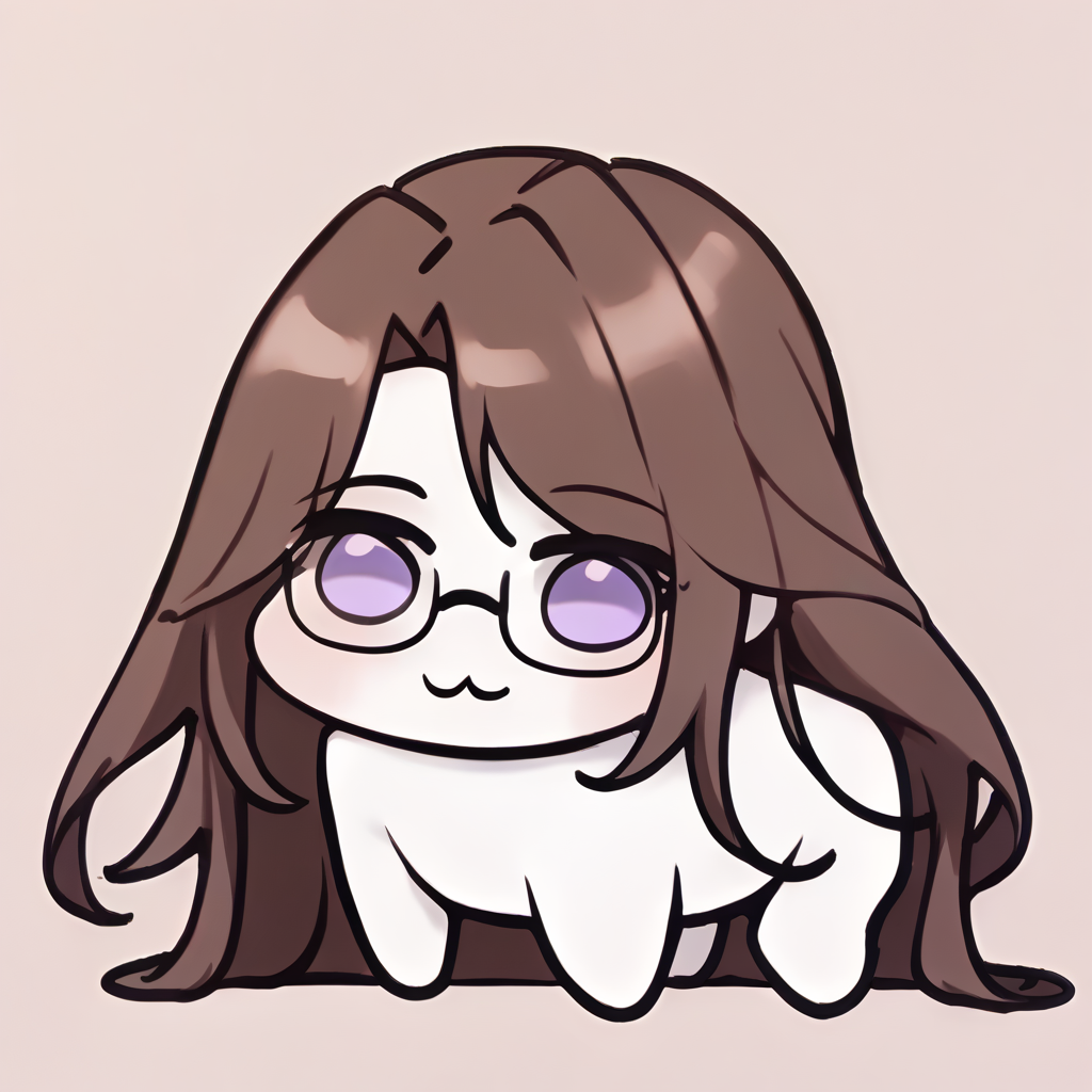 doro, creature, :3, chibi, no humans, four legs, solid circle eyes, no pupils, white skin, <lora:Doro_X_PDXL_V1:1.1> <lora:champtn-pdxl-beta2-10:1.0>, champtn, glasses, semi-rimless eyewear, brown hair, long hair, mature female, purple eyes,
