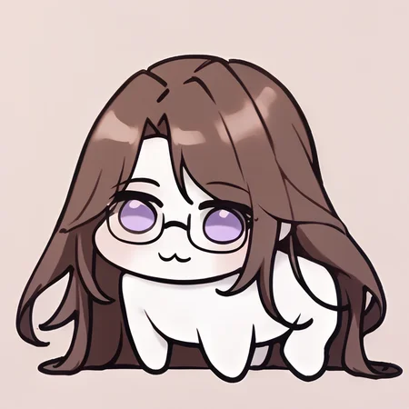 doro, creature, :3, chibi, no humans, four legs, solid circle eyes, no pupils, white skin, <lora:Doro_X_PDXL_V1:1.1> <lora:champtn-pdxl-beta2-10:1.0>, champtn, glasses, semi-rimless eyewear, brown hair, long hair, mature female, purple eyes,