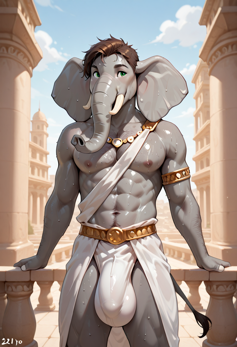 (masterpiece, best quality:1.2), amazing quality, very aesthetic, 32k, absurdres, extremely beautiful, newest, scenery, extra details, (sharp detailed:1.2),
solo, furry,
 (eleptor:1.2), (male anthro elephant:1.2), green eyes, tail, long tusks, elephant tusks, trunk, short brown hair,
handsome, muscular, abs, body hair,
((21yo)),
chest hair, bulge,
greek city setting, ancient Greek city in the background, sweating, sweaty skin, large bulge, greek clothing, greek jewelry,
 <lora:Eleptors_Furry_OC_Loras_Eleptor:0.8>