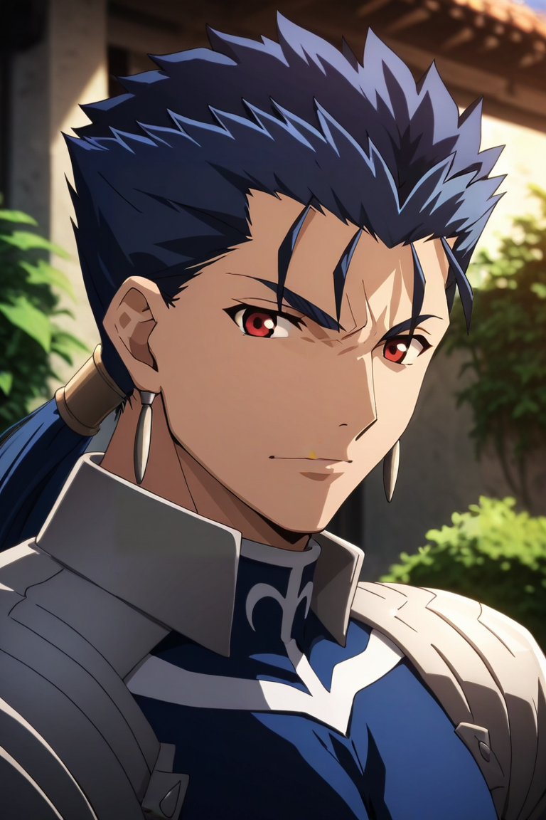 score_9, score_8_up, score_7_up, source_anime, rating_safe, , anime screencap, , , looking at viewer, upper body, , 1boy, solo, male focus, <lora:lancer_fsn_pony:0.94>, lancer_fsn, blue hair, red eyes, long hair, ponytail, spiked hair, fate/stay night, , , , garden, , <lora:sdxl_lightning_8step_lora:1>