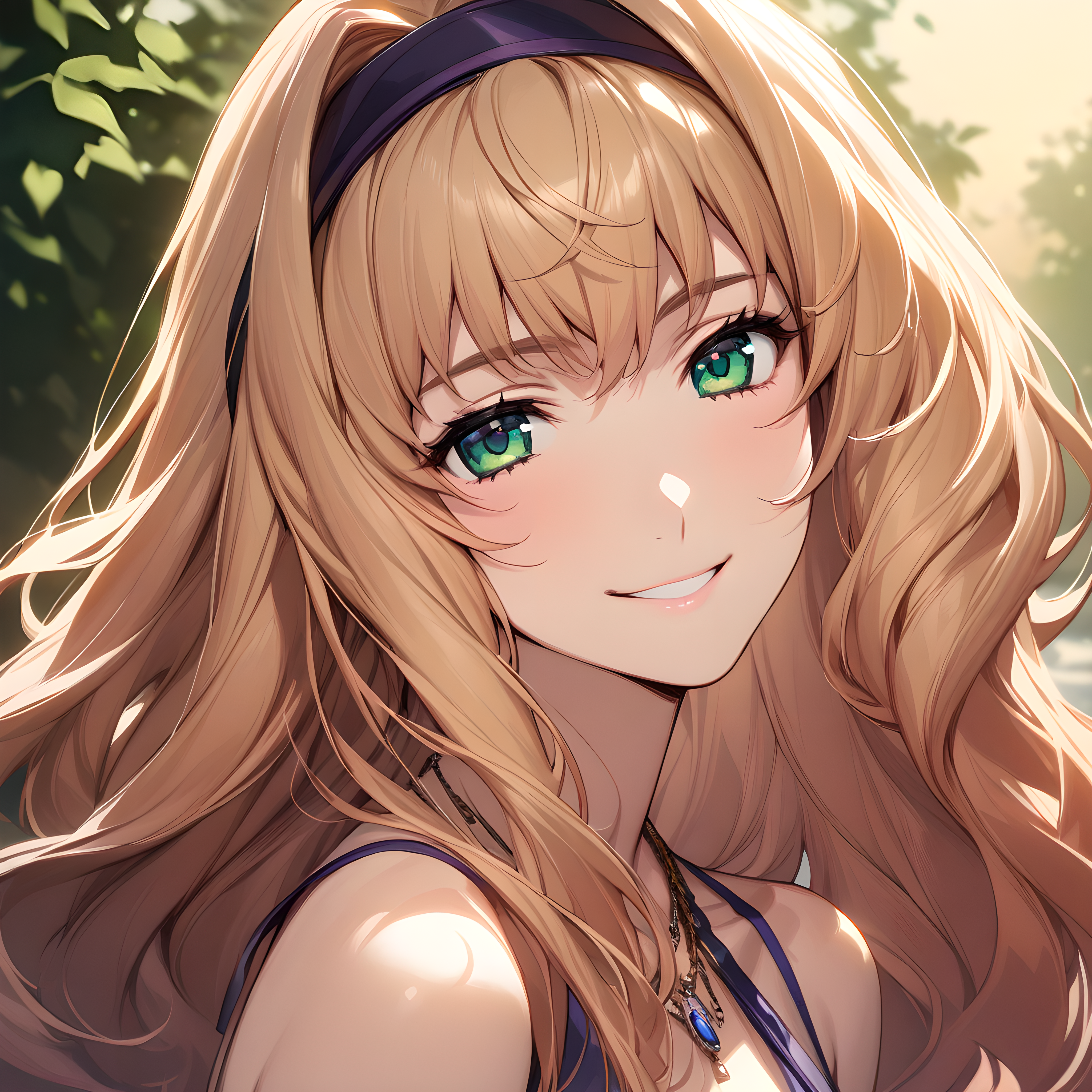 (masterpiece),(best quality),(ultra-detailed),(best illustration),(best shadow),(absurdres),(detailed background),(very aesthetic), sheryl nome, 1girl, solo, long hair, blonde hair, hairband, jewelry, necklace, bare shoulders, green eyes, smile, breasts, looking at viewer, confidence smile, very close-up, portrait <lora:sheryl_nome:1>