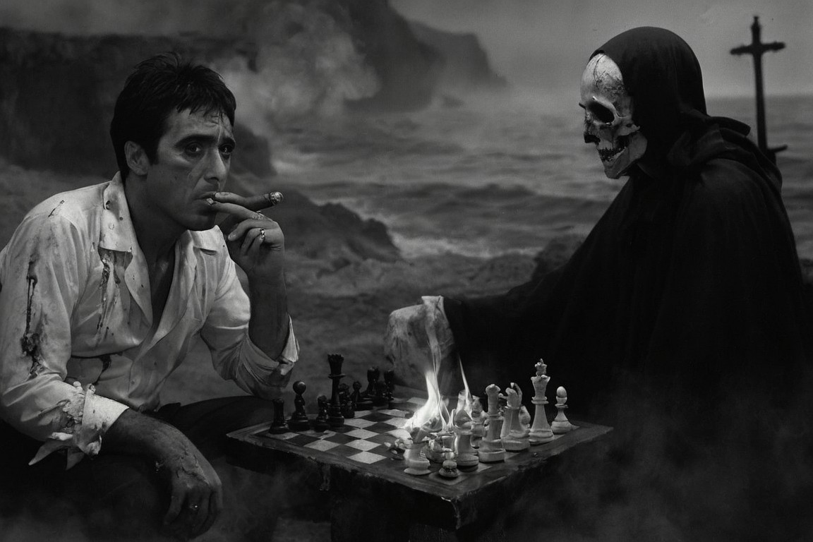 Scarface 1983 style, black and white surrealist cinema still, Tony Montana ,a scar-faced man in a shredded white silk 1980s cuban-collar shirt with bloodstained cuffs, seated across from a pale robed figure of Death at a burning chessboard made of bone and molten rock, both surrounded by a sea of fog and ash, smoke curling from the man's cigar as he glares defiantly, medium shot, eye-level angle, crumbling coastal cliff in the background with rotting crucifixes, somber and fatalistic mood, high-contrast lighting, expressionist shadows, inspired by mid-century European existential cinema






















