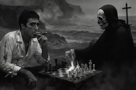 Scarface 1983 style, black and white surrealist cinema still, Tony Montana ,a scar-faced man in a shredded white silk 1980s cuban-collar shirt with bloodstained cuffs, seated across from a pale robed figure of Death at a burning chessboard made of bone and molten rock, both surrounded by a sea of fog and ash, smoke curling from the man's cigar as he glares defiantly, medium shot, eye-level angle, crumbling coastal cliff in the background with rotting crucifixes, somber and fatalistic mood, high-contrast lighting, expressionist shadows, inspired by mid-century European existential cinema






















