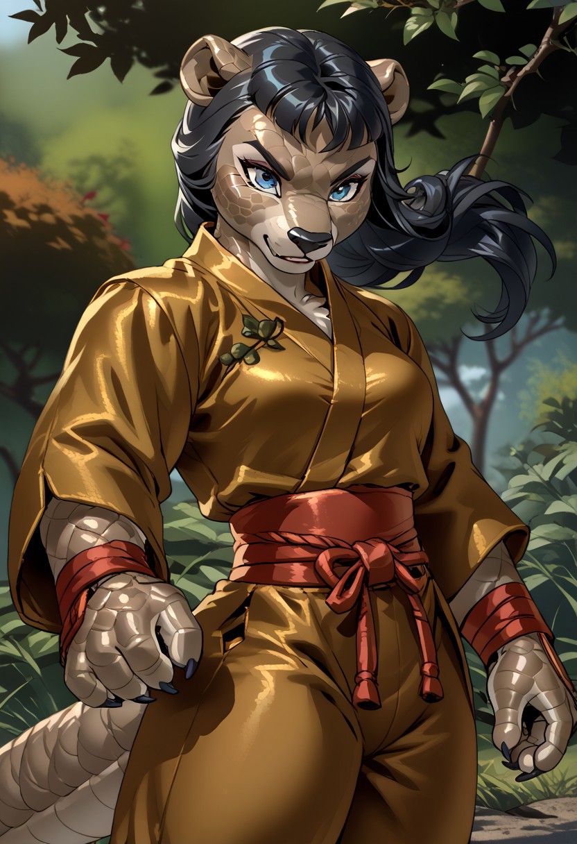 score_9, score_8_up, score_7_up, (by jailbird:1.5), (by kittydee:1.5), (by zummeng:1.5), masterpiece, best quality, (solo),  
(Furry Art: anthro: pangolin:1.5), 1girl, expressive eyes, feminine eyes, <lora:beautiful_detailed_eyes:1>, perfect face, exotic mammal, plate-like scales, claws, long snout, small animal ears, brown skin, blue eyes, (black hair:1.5), (straight hair), (twintail hair), medium breasts, (kung-fu topwear:1.5), (kung-fu pants:1.5),