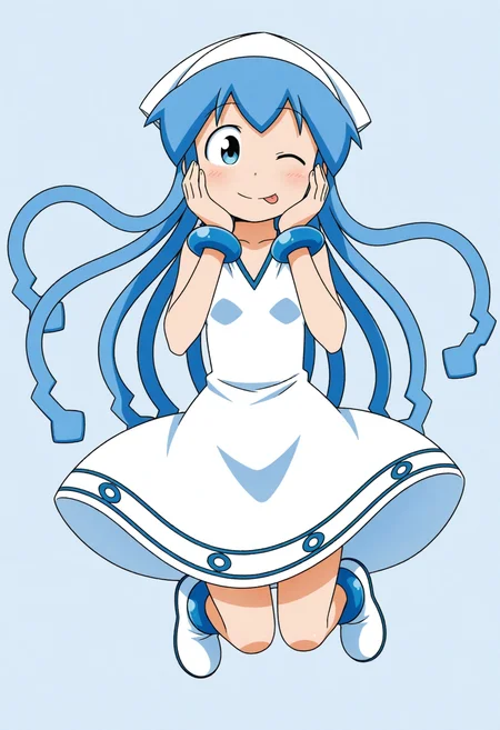 <lora:dmd2_sdxl_4step:1>, 1girl, <lora:ikmsm_illustrious_v3:1> ikmsm, ikamusume, white dress, 
jumping, one eye closed, hands on cheeks, tongue out, 
excited, smile, closed mouth, 
simple background, full body, 
general, masterpiece, best quality, very aesthetic,
