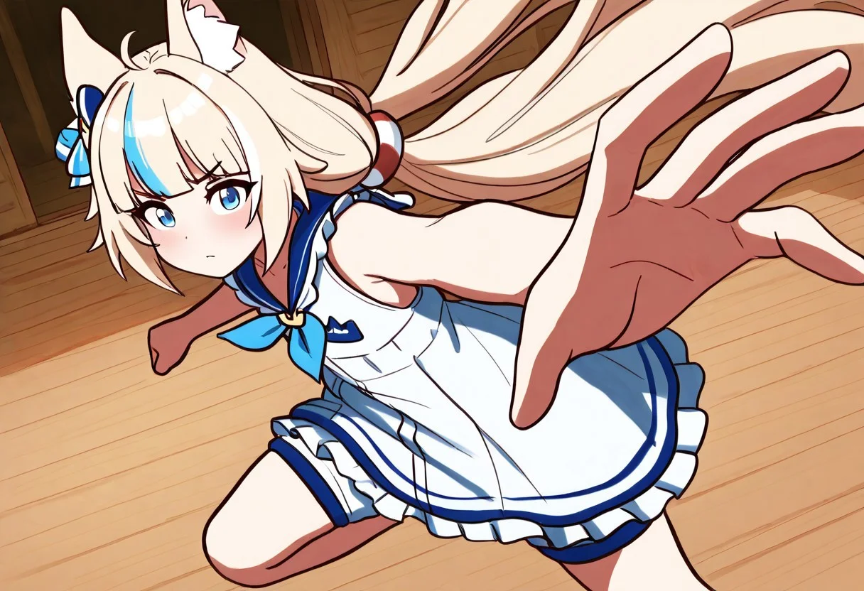 masterpiece, best quality, solo,
zzSaba, blue eyes, ahoge, animal ears, blonde hair, blue hair, multicolored hair, streaked hair, long hair, low twintails, hair bow, sleeveless, frilled dress, blue sailor collar, sailor dress, white shorts,
IncrsPunchMeme, incoming attack