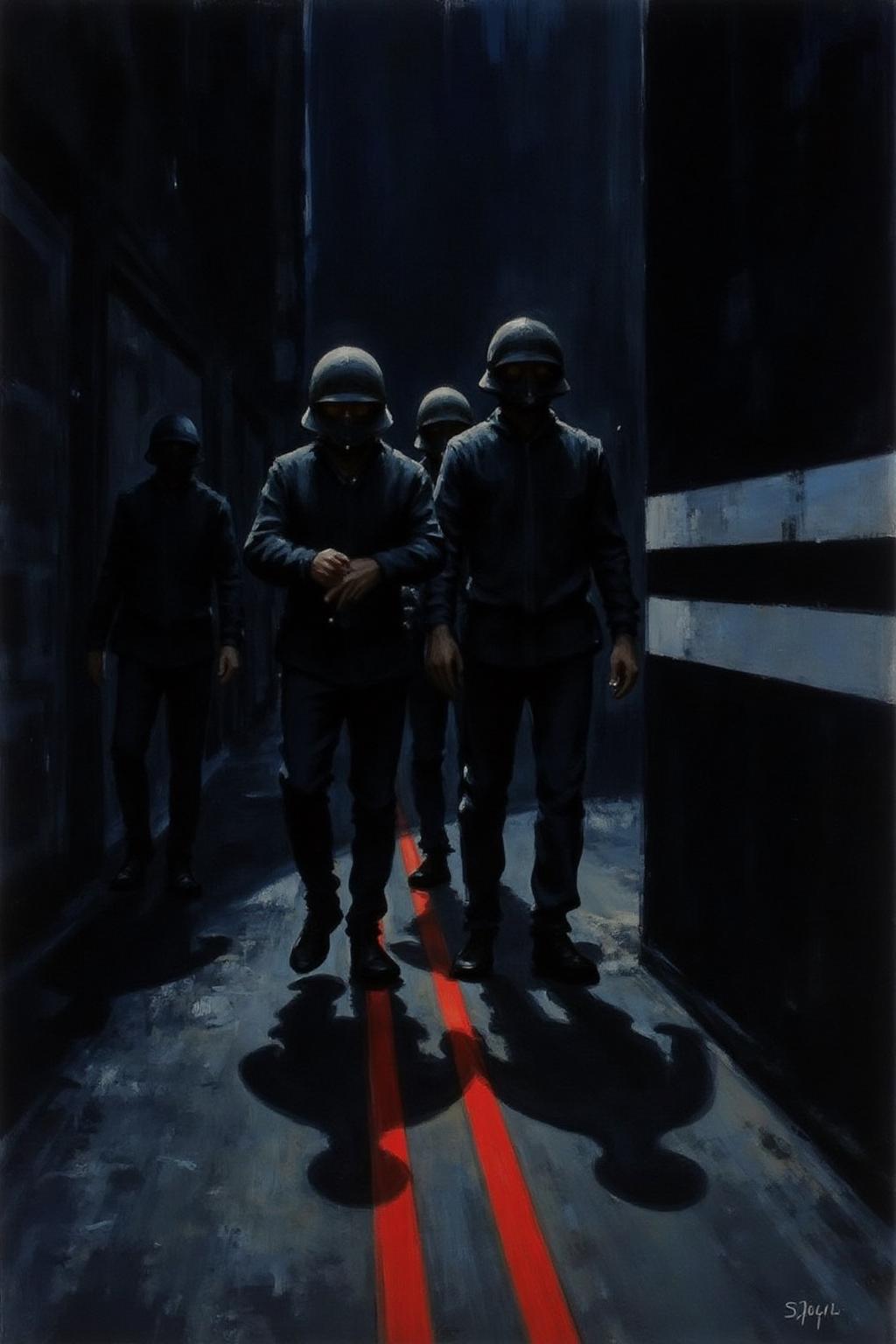 jober1 illustration.
A group of people in a dark alleyway, their shadows cast on the ground below their faces. The people are dressed in dark clothing, their faces covered by a helmet, and their faces are not visible. To the right of the people, there is a black wall with a white stripe running down the center of it. In front of the wall, there are two red lines, adding a pop of color to the scene. The background of the scene is dark, creating a stark contrast with the red lines.    
 <lora:jober1_cap_d6a3e12:1.0><lora:819129144999909979:0>