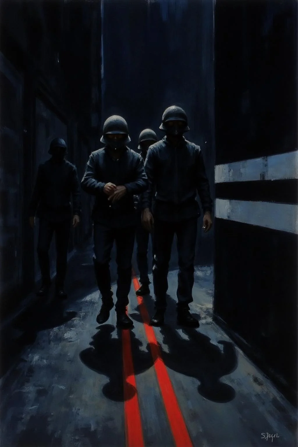 jober1 illustration.
A group of people in a dark alleyway, their shadows cast on the ground below their faces. The people are dressed in dark clothing, their faces covered by a helmet, and their faces are not visible. To the right of the people, there is a black wall with a white stripe running down the center of it. In front of the wall, there are two red lines, adding a pop of color to the scene. The background of the scene is dark, creating a stark contrast with the red lines.
<lora:jober1_cap_d6a3e12:1.0><lora:819129144999909979:0>