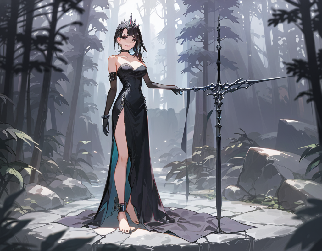 (score_9,score_8_up,score_7_up:1), 1girl, full body, high voyeur angle, low lighting, Sadistic, (goth, black lipstick, silver jewelry, silver piercings, black mascara, black eyeshadow), <lora:FDXL_HugeTits:1> Large Breasts, (skinny), textured hair,choker, eyeshadow, (albino rough skin), (restrained), storm pine forest, (black gloves, elbow gloves, black dress, lace, gown, tiara, crown), <lora:TOKKYU style for illustriousXL:1> TOKKYU
