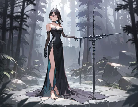 (score_9,score_8_up,score_7_up:1), 1girl, full body, high voyeur angle, low lighting, Sadistic, (goth, black lipstick, silver jewelry, silver piercings, black mascara, black eyeshadow), <lora:FDXL_HugeTits:1> Large Breasts, (skinny), textured hair,choker, eyeshadow, (albino rough skin), (restrained), storm pine forest, (black gloves, elbow gloves, black dress, lace, gown, tiara, crown), <lora:TOKKYU style for illustriousXL:1> TOKKYU
