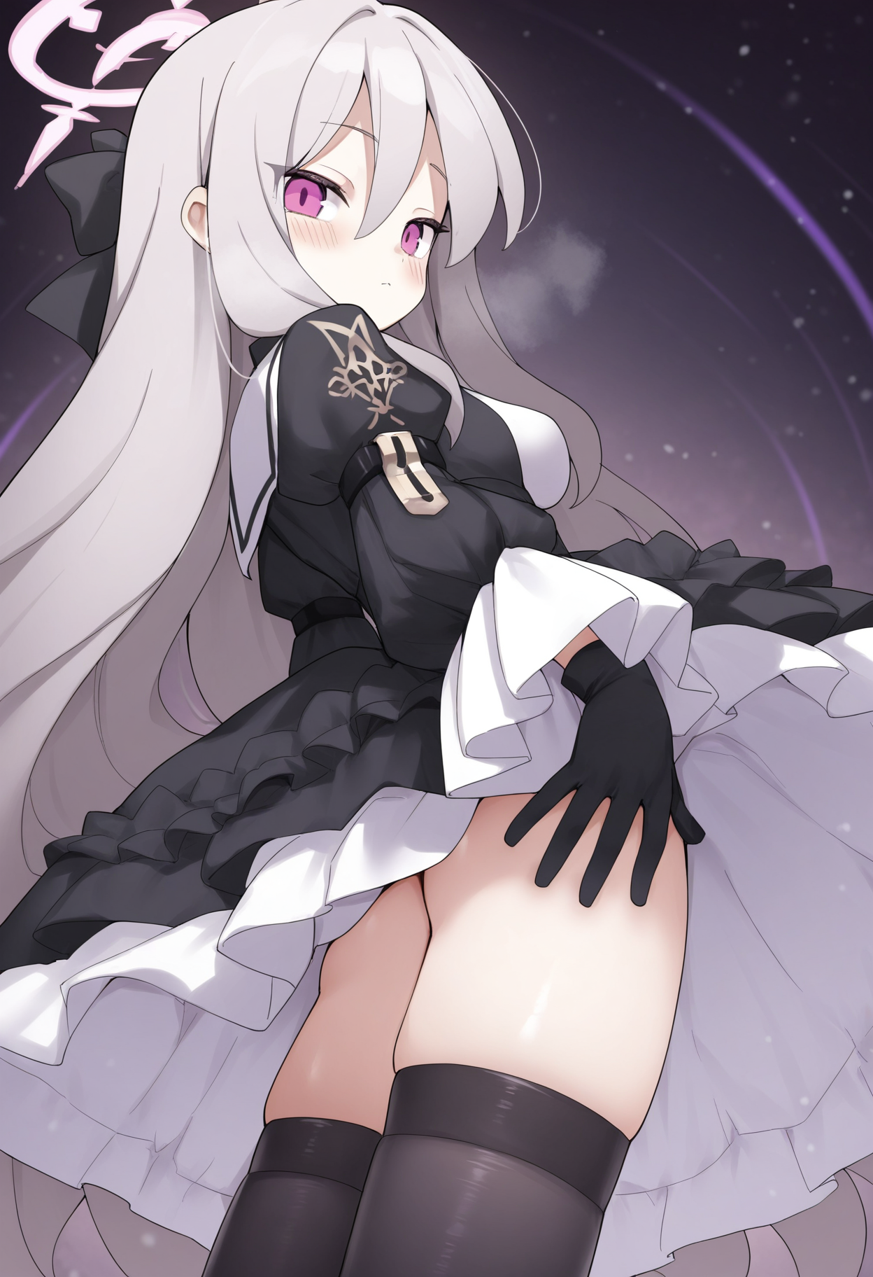 masterpiece,best quality,amazing quality,
1girl, solo, thighhighs, long hair, halo, black thighhighs, gloves, black gloves, long sleeves, looking at viewer, bangs, hair between eyes, puffy sleeves, grey hair, dress, closed mouth, black dress, looking back, breasts, frills, pink eyes, blush, purple eyes, sailor collar,
 <lora:Jank365m:1>